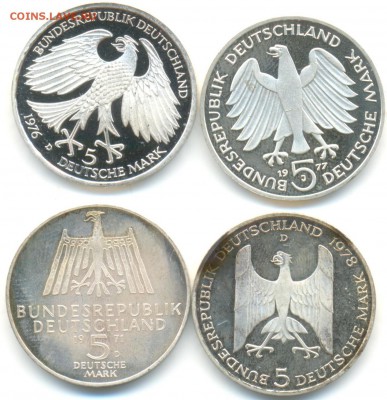 5 марок ФРГ 4шт 1971-78г серебро лот №3 10.07.14 в 22-10 - 5 марок 006