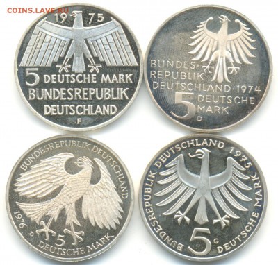 5 марок ФРГ 4шт 1974-76г серебро лот №4 10.07.14 в 22-10 - 5 марок 008