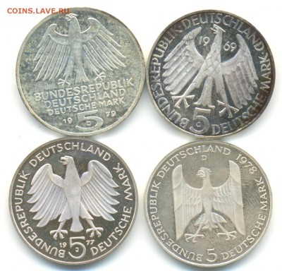5 марок ФРГ 4шт 1969-79г серебро лот №5 10.07.14 в 22-10 - 5 марок 010