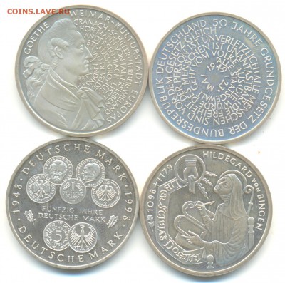 10 марок ФРГ 4шт 1998-99г серебро лот №1 13.07.14 в 22-10 - 10 марок 001