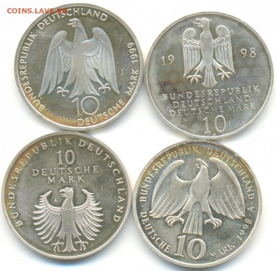 10 марок ФРГ 4шт 1998-99г серебро лот №2 13.07.14 в 22-10 - 10 марок 002