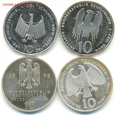 10 марок ФРГ 4шт 1997-98г серебро лот №3 13.07.14 в 22-10 - 10 марок 004