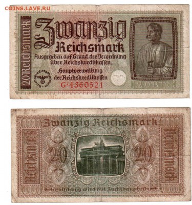 ГЕРМАНИЯ, оккупация, 20 марок (1939-45), до 29.07 @ 22:00 - banknote_1671-0-1