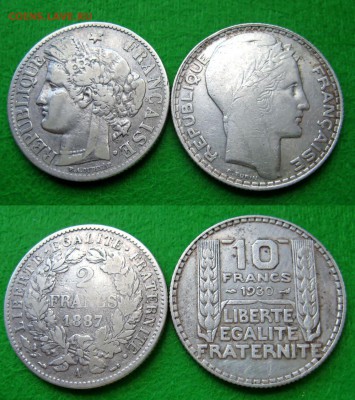 Серебряные иностранные монеты - 2 фр 1887 и 1 фр 1937