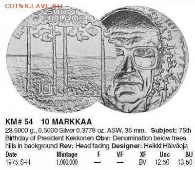 Финляндия: Ag-500 10 марок 1978 UNC в папочке до 11.08 22 - Финляндия 10 марок 1975-каталог.JPG