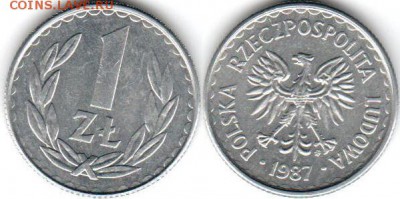 Польша 1 злотый 1987, до 21.00. мск 12.08.2014 - Польша 1 злотый 1987г