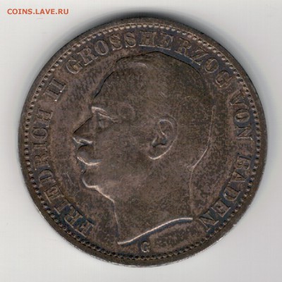Ag ГЕРМАНИЯ (БАДЕН) 3 МАРКИ 1914 ДО 14.08 В 22.00МСК (9375) - 5-г3м14
