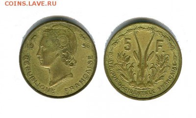 Фран. Западная Африка 5 франков 1956 до 21.00 мск 24.08.2014 - Фр западная африка 5 франков 1956