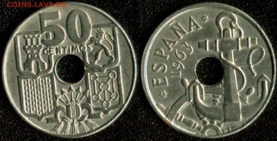 Испания 50 сентимо 1963 (редкий год!!!) до 22:00мск 29.08.14 - Испания 50 сентимо 1963(63)