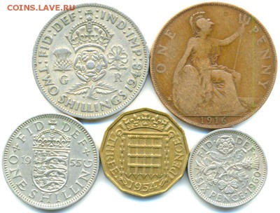 5 британских монет 1916 - 1960; до 24.08_22.34мск - 8309