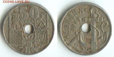 Испания 50 сентимо 1949 (52) до 30.08.2014 в 22:00 МСК - Испания_50_сентимо_1949_(52)_KM#777