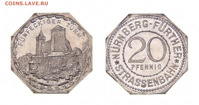 Нюрнберг 20 пфеннингов. Funfeckiger Turm 1921 до 3.09 в 22.0 - Нюрнберг 20 пф. Funfeckiger Turm 1921 2