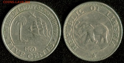 Либерия 5 центов 1960 (слон,парусник) до 22:00мск 02.09.14 - Либерия 5 центов 1960