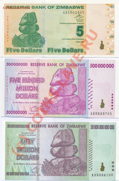 Боны Зимбабве 5$, 500млн.$, 50трл.$, - 22