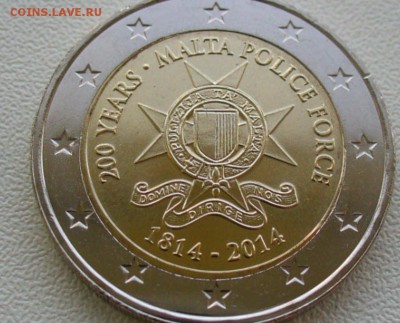 браки на евро монетах - 2 евро 200 лет полиции Мальта 2014 звезды