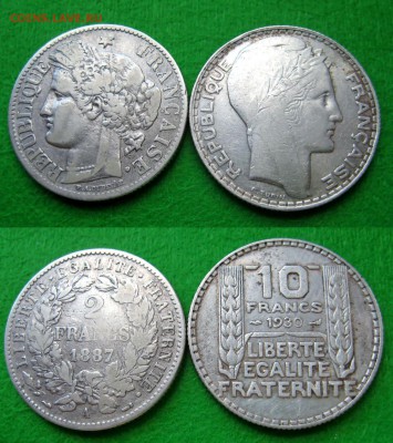 Серебряные иностранные монеты - 2 фр 1887 и 1 фр 1937