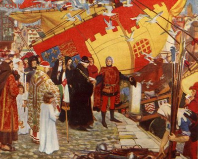 Монеты с Корабликами - John Cabot embarking in full ceremonial garb on the Matthew at Bristol on 20 May 1497