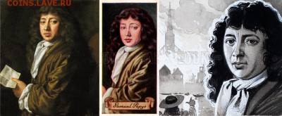Слева направо:Портрет 1666 г. работы John Hayls;Сигаретная карточка из серии «Знаменитости британской истории» 1934 года;Рисунок «Самуэль Пепис и Великий лондонский пожар» работы Angus McBride. - Samuel Pepys