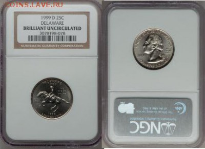 Предпродажная оценка для аукциона. Монет со всего мира.МНОГО - 1999-D 25C Delaware Brilliant Uncirculated NGC.