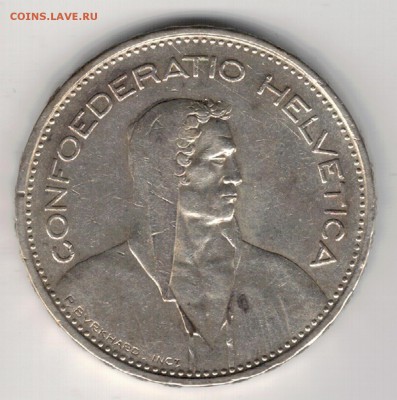 Ag ШВЕЙЦАРИЯ 5 ФРАНКОВ 1935 ДО 02.10.14 В 22.00МСК (9892) - 5-швейц