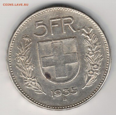 Ag ШВЕЙЦАРИЯ 5 ФРАНКОВ 1935 ДО 02.10.14 В 22.00МСК (9892) - 5-швейц1