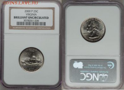 США 2000г. P. 25C Virginia. Грейд BU NGC. до 04.10. в 21.30 - 2000-P 25C Virginia Brilliant Uncirculated NGC.