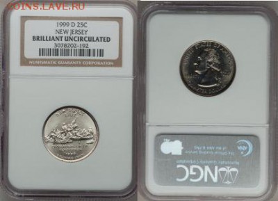США 1999г. D 25C New Jersey. Грейд BU NGC. до 04.10. в 21.30 - США 1999-D 25C New Jersey Brilliant Uncirculated NGC.