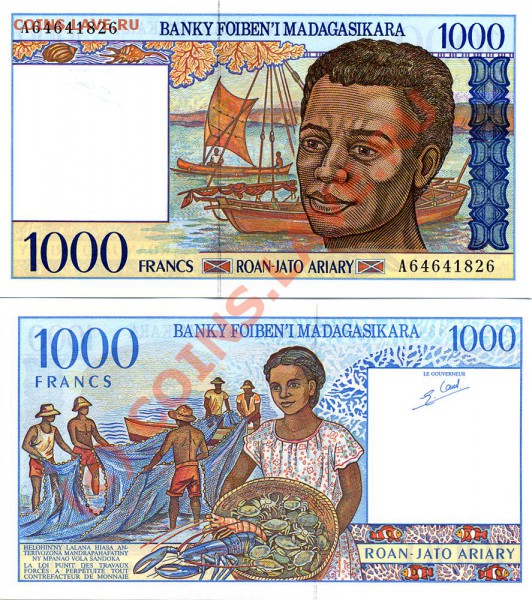 Красивые и интересные боны (UNC) - №18. 1000 франков, Мадагаскар 1994