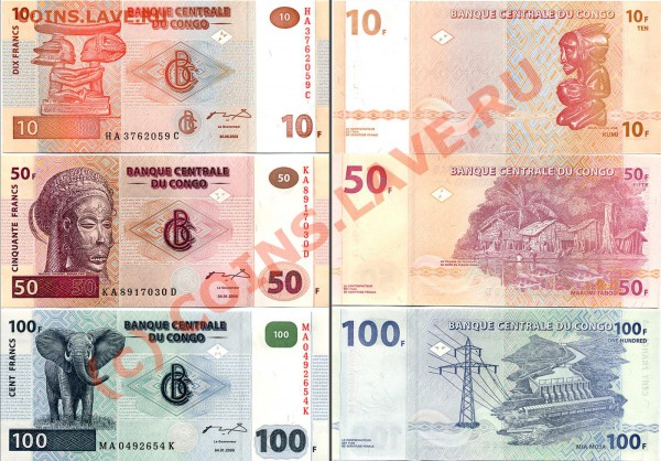 Красивые и интересные боны (UNC) - №22. 10,50,100 франков, Конго (ДРК) '03, '00, '00