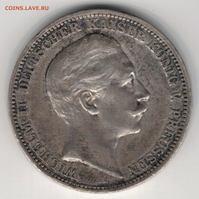 Ag ГЕРМАНИЯ (ПРУССИЯ) 3 МАРКИ 1909А ДО 23.10.14 В 22Ч (9944) - 5-гер3