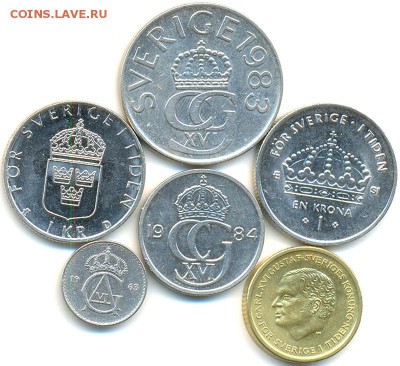 6 шведских монет 1963 - 2007 (см. описание); до 28.10_22.32м - 8686