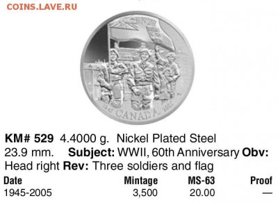 25 центов Канада 2005г. - 60 лет победы - 2013 North American Coins & Prices (22nd edition)-326