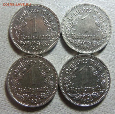 1 рейхсмарка 1934 года - 4 монеты A (2 шт.), G , J . 14-11. - 082.JPG