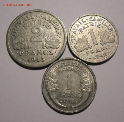 Франция 2 фр+1фр+1фр(1942-45)+Бельгия 1фр+25с+10с цинк - франция-3