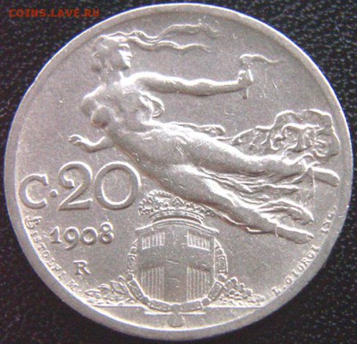 Италия_20 чентезимо 1908(R); до 10.12_22.00мск - 8496