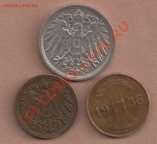 1 PFENNIG 1909, 1936. 10 PFENNIG 1914 = 15 ЕВРО - 1 pf1
