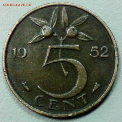 НИДЕРЛАНДЫ 5 ЦЕНТОВ  1952 г.  до 26.12 - 5ц52 2
