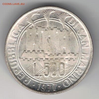 Ag САН-МАРИНО 500 ЛИР 1977 ПТИЦА ДО 25.12 В 22Ч (А564) - 5-см500л77а