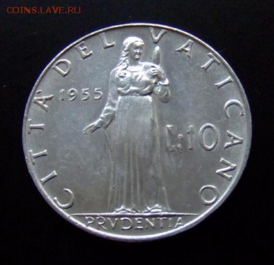 3 - Ватикан 10 лир (1955) «Пруденция – богиня мудрости» Р