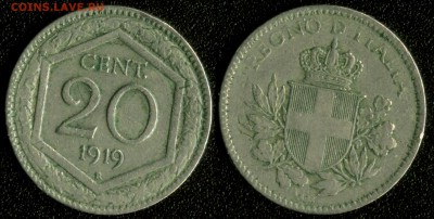 Италия 20 чентезимо 1919 (перечекан!!!) до 22:00мск 14.01.15 - Италия 20 чентезимо 1919