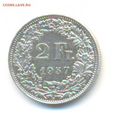Ag. швейцария 2 франка 1957. XF . до 20.01 22:00 - 1