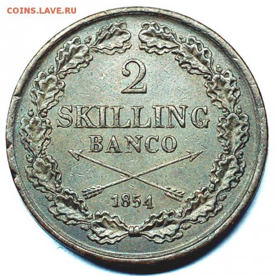 Швеция_2 скиллинга 1854. Редкая монета; до 19.01_22.06мск - 6900