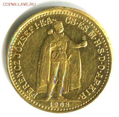 10 корона, Австро-Венгрия, 1908, ангелы, золото 3,48 гр - lot-163098-2