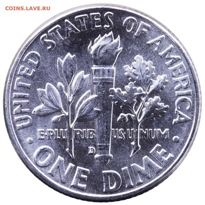 СЕРЕБРО США - доллар, халфы, дайм (40, 90% серебра) UNC Gems - Dime 1964 D obv.JPG