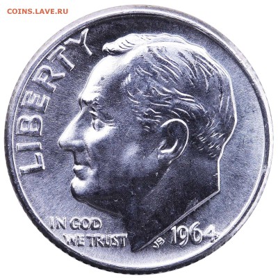 СЕРЕБРО США - доллар, халфы, дайм (40, 90% серебра) UNC Gems - Dime 1964 D avers.JPG
