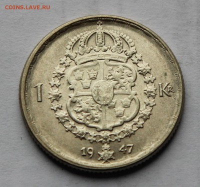 Швеция 1 крона 1947 UNC штемп блеск до 29.01 - шв 02