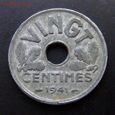 3 - Франция 20 сантимов (1941) «Режим Виши (VINGT)» цинк №2 Р