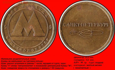 Браки на жетонах метро - Для прохода в метрополитен - Санкт-Петербург (маленькие разделители) (без наплывов) (АР=90 гр.) (раскол штемпеля)