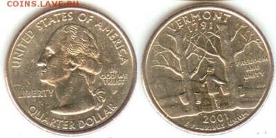 США- 25 центов-2001г-VERMONT-P , до 21.00 мск 14.02.15 - США- 25 центов-2001г-VERMONT-P