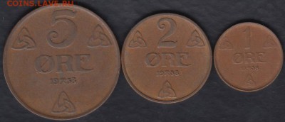 Норвегия 1, 2 и 5 эре 1938 до 15.02.2015 21-00 - Норвегия 1, 2 и 5 эре 1938 а